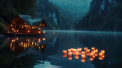 Wall Mural - Tranquil lakeside scene: Couple's reflection surrounded by floating heart-shaped lanterns.