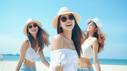 Wall Mural - Joyful Women Running on Beach, Celebrating Summer in Vibrant Dresses, Carefree Seaside Fun