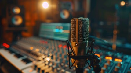 Close up view of microphone in a sound recording studio with audio mixer and professional equipments in the background. Podcast, radio or song recording studio concept. Blue and orange lighting.