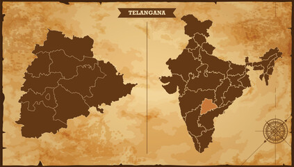 Wall Mural - Telangana state map, India map with federal states in A vintage map based background, Political India Map