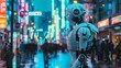 © Janthiwa - A lone robot stands in the middle of a busy city street, surrounded by the hustle and bustle of human life