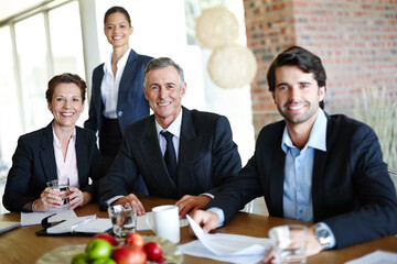 Poster - Portrait, business people or team smile in office for meeting, discussion and deal negotiation. Corporate, colleagues or employees in boardroom for contract review, collaboration and feedback