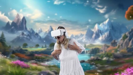 Wall Mural - Excited smiling woman looking around by VR in fairytale forest mountain rock ice wonderland snowfall landscape getting fresh air in meta magical world fantasy jungle creativity in winter. Contraption.