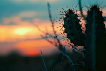 Poster - A cactus is standing in the grass with the sun setting in the background