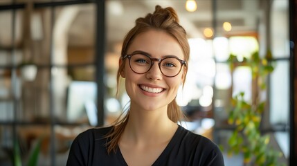 A smiling woman wearing glasses in an office.