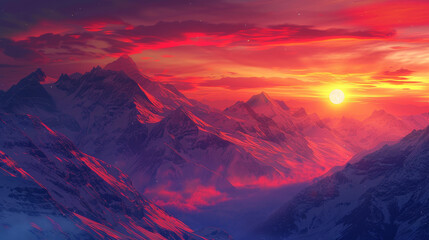 Wall Mural - A mountain range with a red and orange sky and a sun in the background
