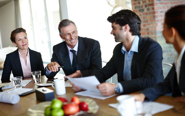 Aufkleber - Business people, group and meeting for brainstorming, finance and planning with idea, documents or cooperation. Review, accounting or staff with teamwork, invest or conversation for budget or funding
