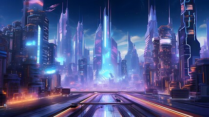 Futuristic city at night with high-rise buildings and lights