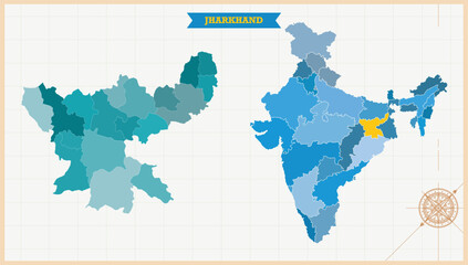 Wall Mural - A Map highlighting Jharkhand in the India Map, Jharkhand and India modern map with Colorful Hi detailed Vector, geographical borders