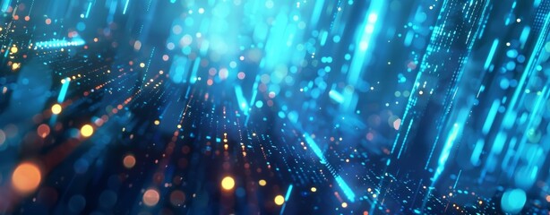 Abstract digital background with blue lights and binary code, glowing cityscape night sky in the style of cyberpunk
