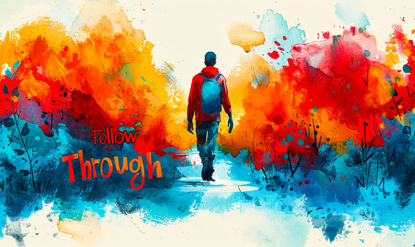 Person Walking Towards Bright Colors with Inspirational Message Follow Through in Artistic Abstract Background, Motivational Concept
