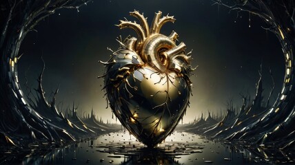 Aufkleber - Gritty Black Gold Design: Vector Illustration with Plant and Heart Symbols on a Grungy Background