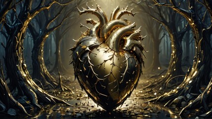 Aufkleber - Gritty Black Gold Design: Vector Illustration with Plant and Heart Symbols on a Grungy Background