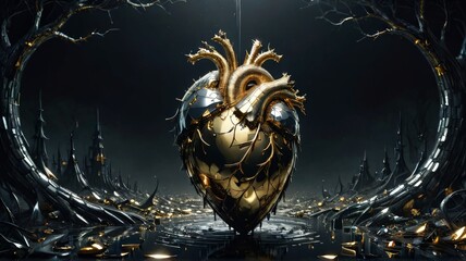 Aufkleber - Gritty Black Gold Design: Vector Illustration with Plant and Heart Symbols on a Grungy Background