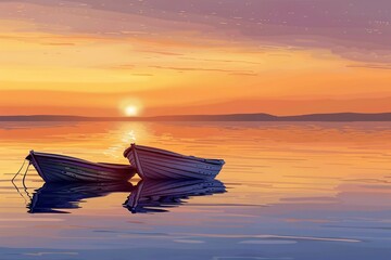 Vector illustrtion of Two small wooden fishing boats float on a calm lake during sunrise.