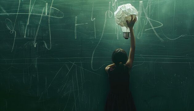 Silhouette of a student reaching for a crumpled paper light bulb above a blackboard.