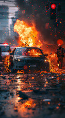 Wall Mural - High-Speed Chase Ends in Fiery Crash as Police Surround Demolished Vehicle with Guns Drawn in Gritty Documentary-Style Scene