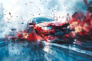 Wall Mural - Intense Watercolor Depiction of a High-Speed Vehicle Collision with Explosive Aftermath on Isolated Background