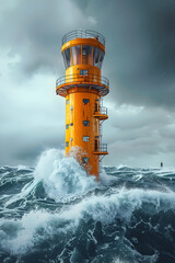 Wall Mural - Powerful Lighthouse Withstanding Fierce Ocean Waves in Pursuit of Renewable Energy Efficiency and Sustainable Development