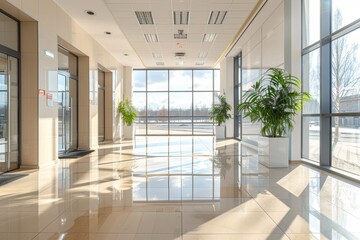 Wall Mural - Bright and spacious office hall with panoramic windows in natural beige and brown tones