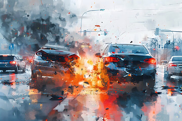 Wall Mural - Watercolor Depiction of Dramatic Collision Requiring Thorough Traffic Investigation in Urban Cityscape