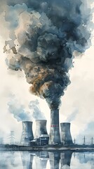 Poster - Watercolor Painting of a Nuclear Power Plant Emitting Thick Smoke and Polluting the Environment