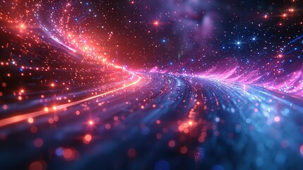 Poster - Neon Nebula: Blue-Purple Light Lines Across Dark Space