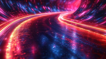 Poster - Neon Nebula: Blue-Purple Light Lines Across Dark Space
