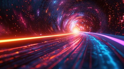 Poster - Neon Nebula: Blue-Purple Light Lines Across Dark Space