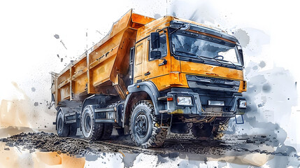 Sticker - Watercolor Rendering of Heavy-Duty Dump Truck Transporting Materials at Construction Site