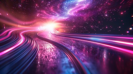 Poster - Celestial Velocity: 3D Render with Blue-Purple Light Trails