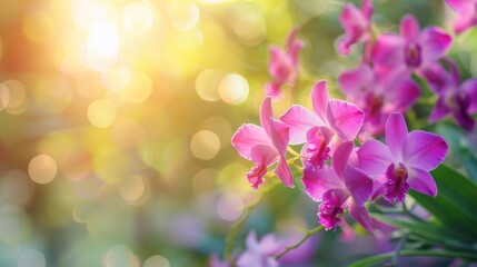 Wall Mural - Orchid background, purple dendrobium blooming among bright sunlight, in soft blurred style