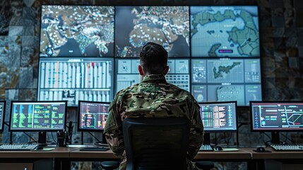 Wall Mural - a military man sits at a wooden desk, surrounded by black keyboards and a black chair, with a large screen in the background