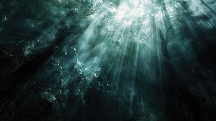 Wall Mural - Radiant beams of light piercing through a veil of darkness.