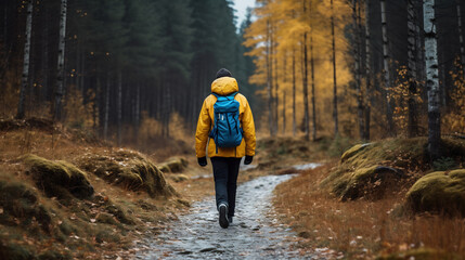 Wall Mural - Solo Hiker Trekking Through Autumn Forest, Misty Trail Surrounded by Golden Foliage, Tranquil Nature Walk