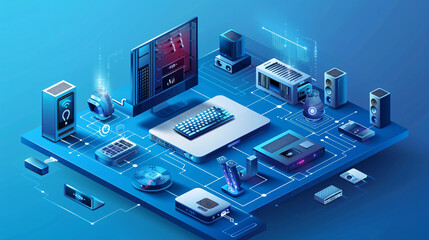 Poster - A minimalist depiction of a futuristic smart home interior showcases an array of modern smart home components managed by a remote control device. The isometric design and minimal color palette create