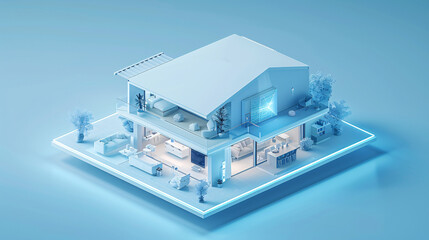 Poster - amidst the isometric layout of a cutting-edge smart home, a remote control is held by a hand, overse