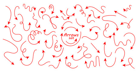 Poster - Set of hand drawn thin line arrows. Collection of curved pointers. Red pointers pointing in different directions. Simple design elements of a signpost showing a confusing complex path
