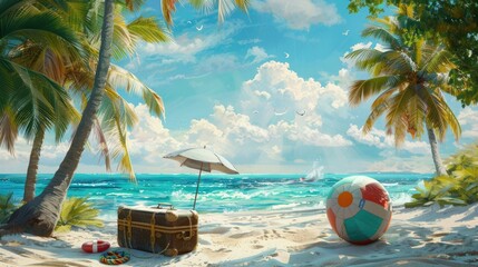 Wall Mural - Nestled among the palm trees on a remote island, an open suitcase is positioned on the sand, next to a lively beach ball and a lifebelt