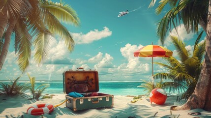 Wall Mural - Nestled among the palm trees on a remote island, an open suitcase is positioned on the sand, next to a lively beach ball and a lifebelt