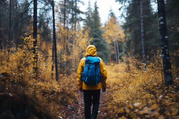 Wall Mural - Solo Hiker Trekking Through Autumn Forest, Misty Trail Surrounded by Golden Foliage, Tranquil Nature Walk