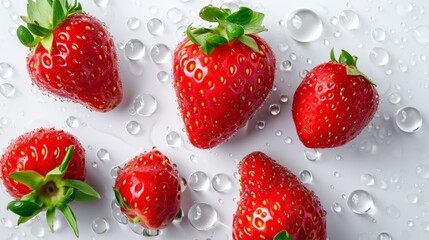 Wall Mural - flat lay composition ripe strawberries with white water drop on white background