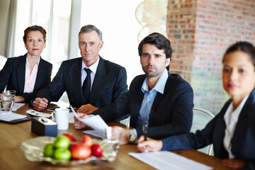 Poster - Portrait, business people or team in office for meeting, discussion and deal negotiation. Corporate, colleagues or employees in boardroom together for contract review, collaboration and feedback