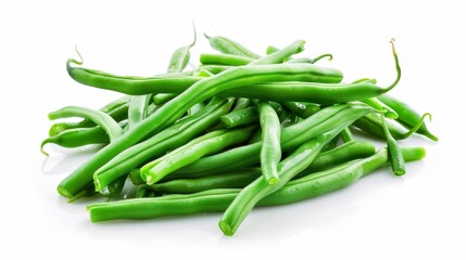 Steamed green beans in a close-up shot, isolated against a white background with studio lighting, highlighting their texture and freshness for an advertisement