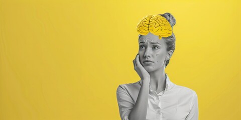 Black and white photo of woman with yellow brain, head pain concept isolated on transparent background cutout, Isolated on pastel background