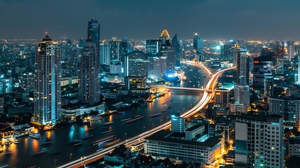 Aufkleber - Smart network and Connection technology concept with Bangkok city background at night in Thailand Panorama view : Generative AI