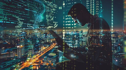 Business and technology software development IoT concept Double exposure man programmer software developer working on digital tablet and smart city with binary html computer code on sc : Generative AI