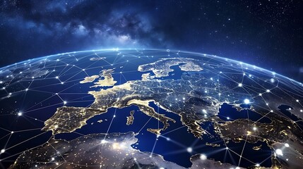 Poster - Communication technology with global internet network connected in Europe Telecommunication and data transfer european connection links IoT finance business blockchain security : Generative AI