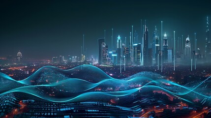 Poster - Smart city and big data connection technology concept with digital blue wavy wires with antennas on night megapolis city skyline background double exposure : Generative AI