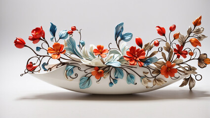 Wall Mural - a ceramic sculpture with a floral design. The flowers are red and orange, and the leaves are blue. 
